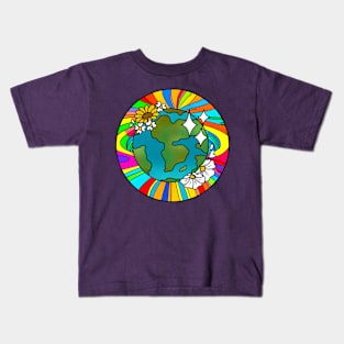 Vibrant 70s Style Planet Earth with Flowers (MD23ERD005b) Kids T-Shirt